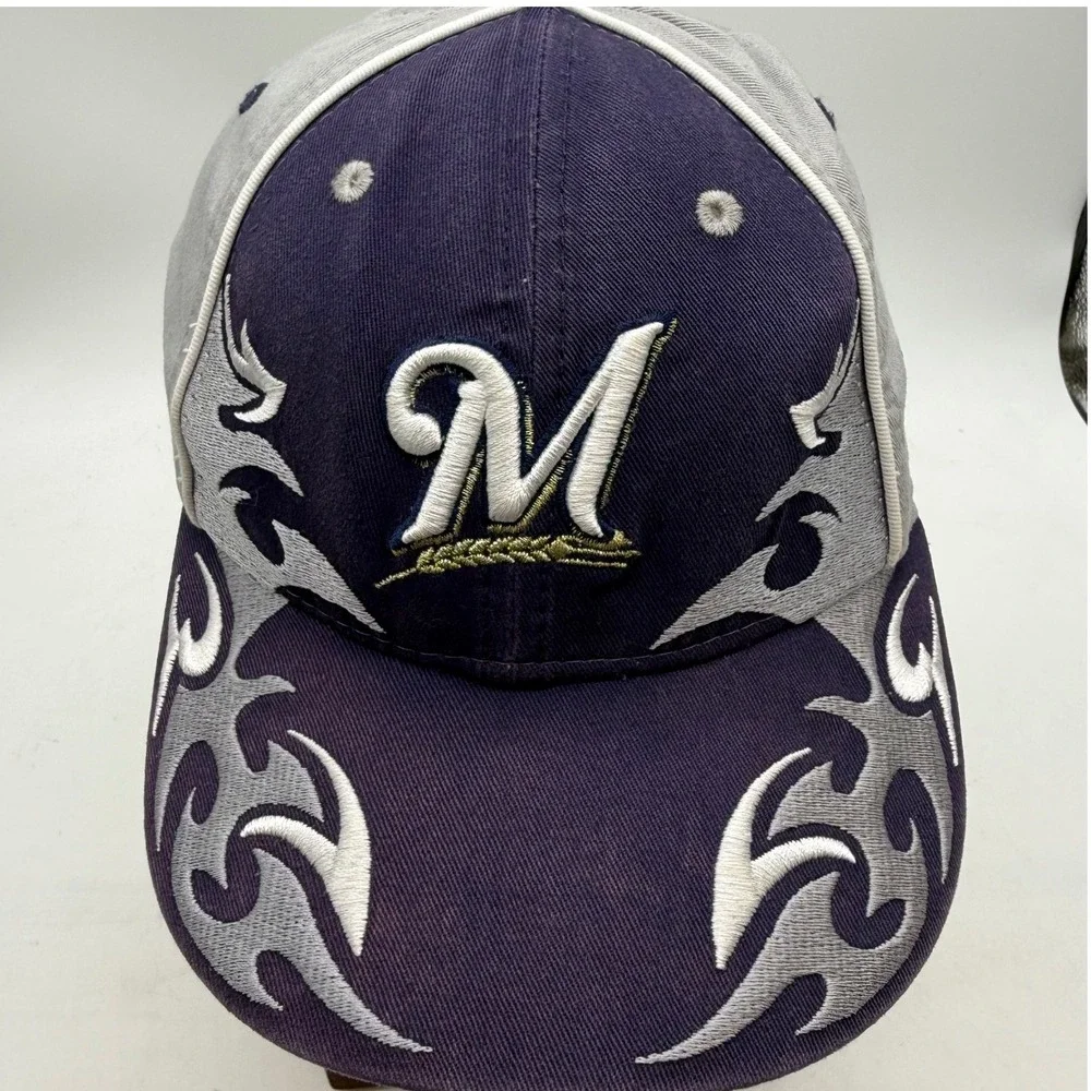 New Era‎ Milwaukee Brewers Youth Hat Navy Gray Tribal Flame MLB Cap Y2K sun fade